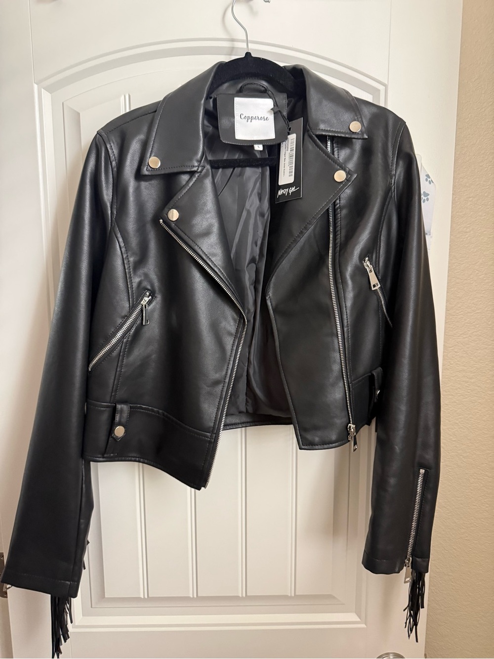 Nasty Gal Black Faux Leather Moto Jacket with Fringe Cuffs